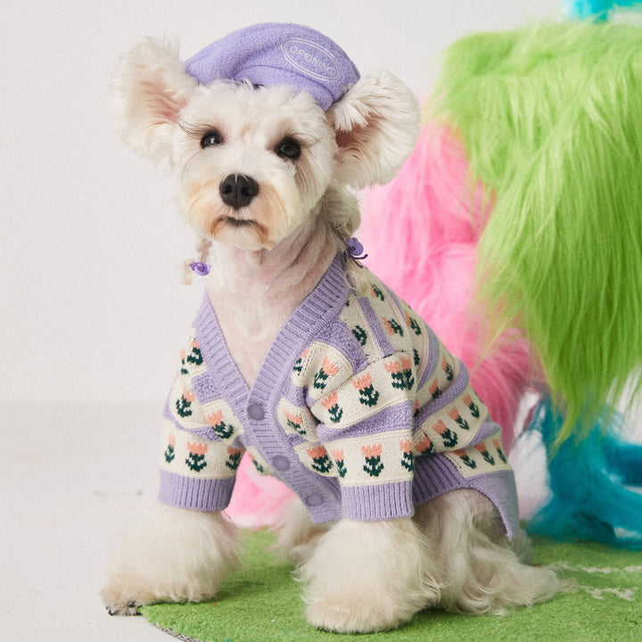 Elevate Your Pet's Style with the Purple Flower Pet Sweater Cardigan